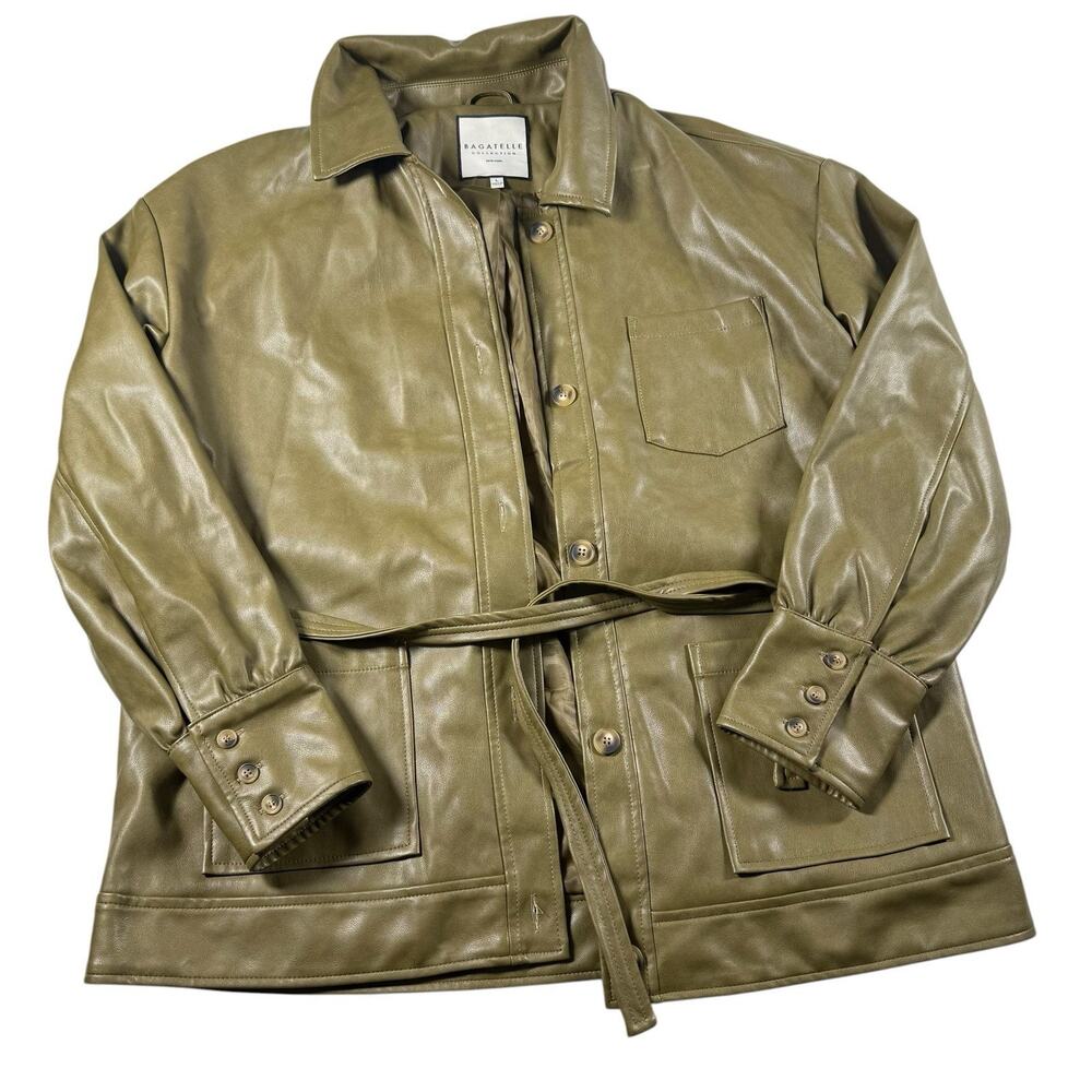 Bagatelle Faux Leather Belted Jacket Coat Olive Green Womens Large Button Front